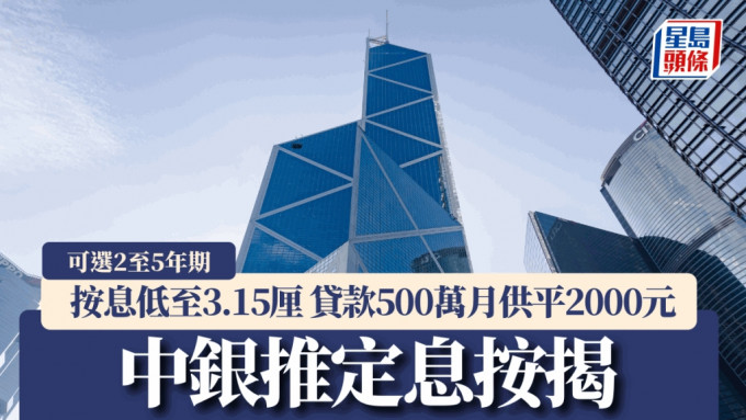 中銀推2至5年定息按揭 按息低至3.15厘 貸款500萬月供較P按及H按少逾2000元