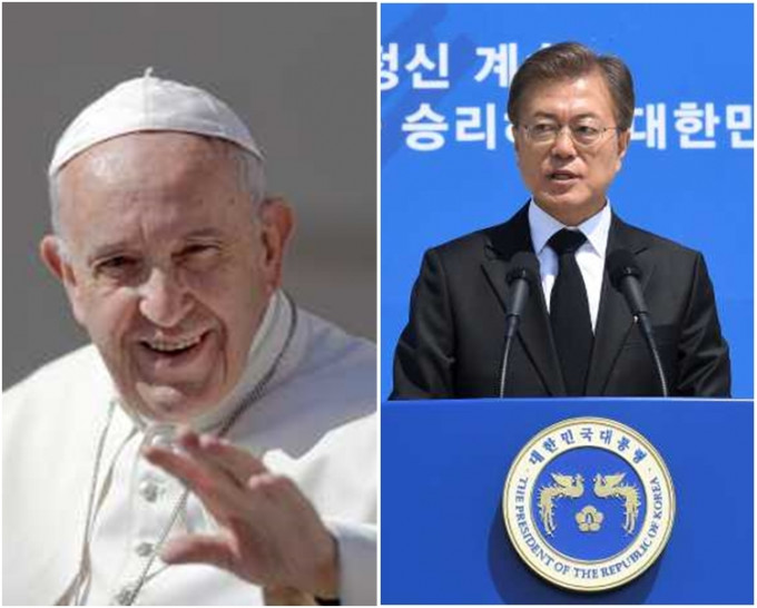 文在寅（右）派遣特使前往梵蒂冈转达信函，希望教宗（左）为南北韩峰会穿针引线。AP