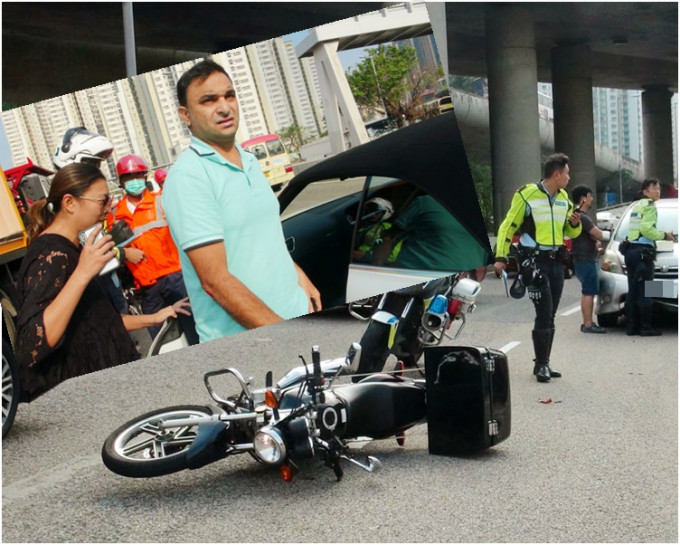 私家車（左）撞跌電單車。小圖為受傷鐵騎士和女心好司機。