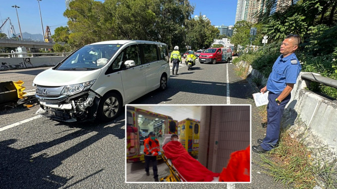 消防七人車撞欄，車頭損毀。許文光攝