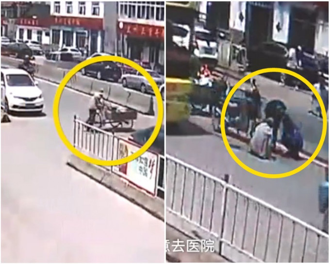 老人推三輪車在過馬路時遭一輛飛馳而至的電單車撞倒。網圖