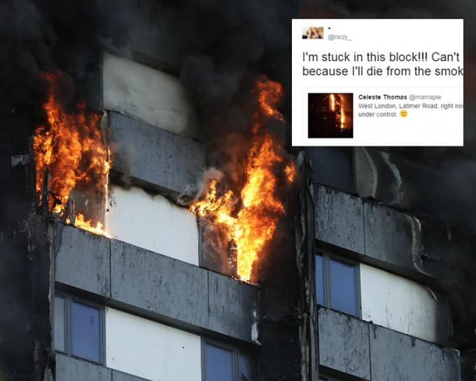 有被困居民Twitter求救：我被困大廈會吸入濃煙而死。AP
