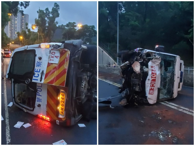 警車被撞翻，嚴重損毀。