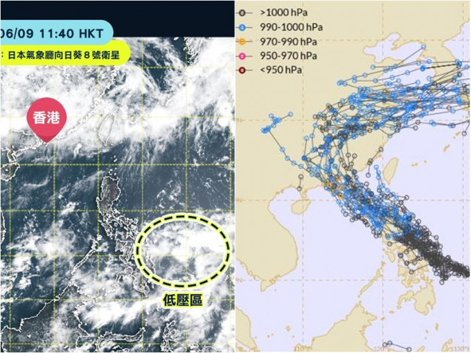 左：天文台facebook图片；右：欧洲中期预报亦显示一个系统可能靠近广东。