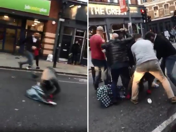 其中一名歹徒逃跑时摔倒，随刻被整条街的民众压地暴打，直到警方赶到现场将人逮捕。 影片截图