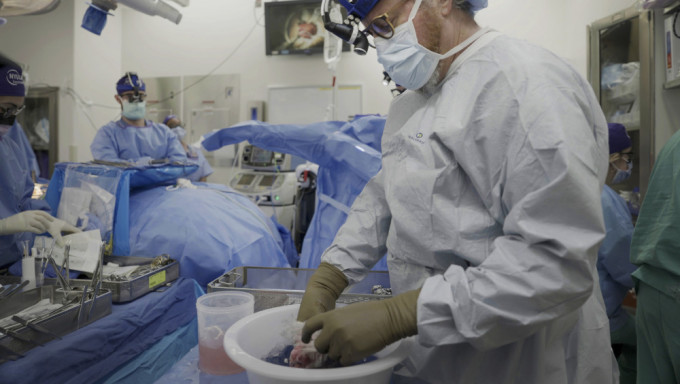 2023年7月14日，纽约大学朗格尼移植研究所所长蒙哥马利博士正在准备将猪肾移植到纽约一名脑死亡男子体内。AP