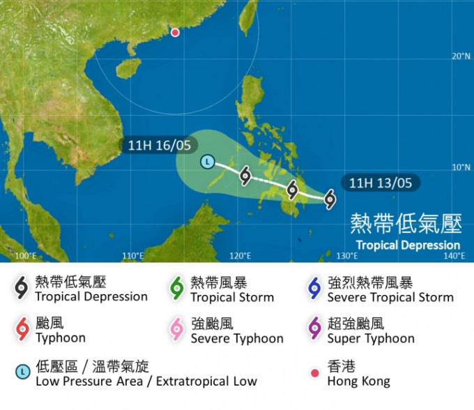热带低气压预料在南海减弱消散。天文台预测路径