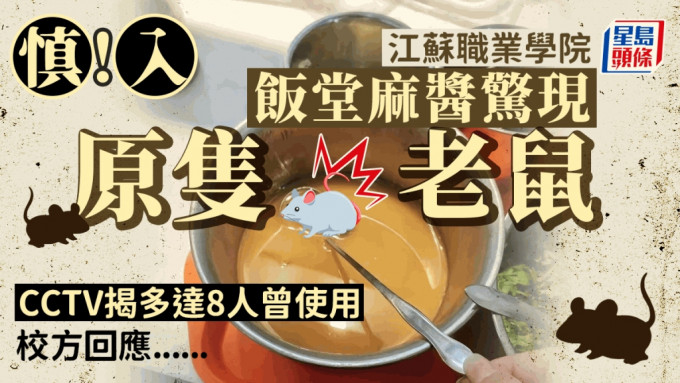江蘇職業學院飯堂麻醬驚現老鼠 校方承認：有8人曾使用