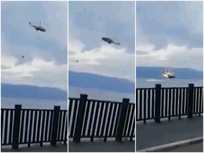 一架用于扑灭湾桥镇湾桥村大沙坝山山火的直升机在洱海取水时，突然失控堕海。影片截图
