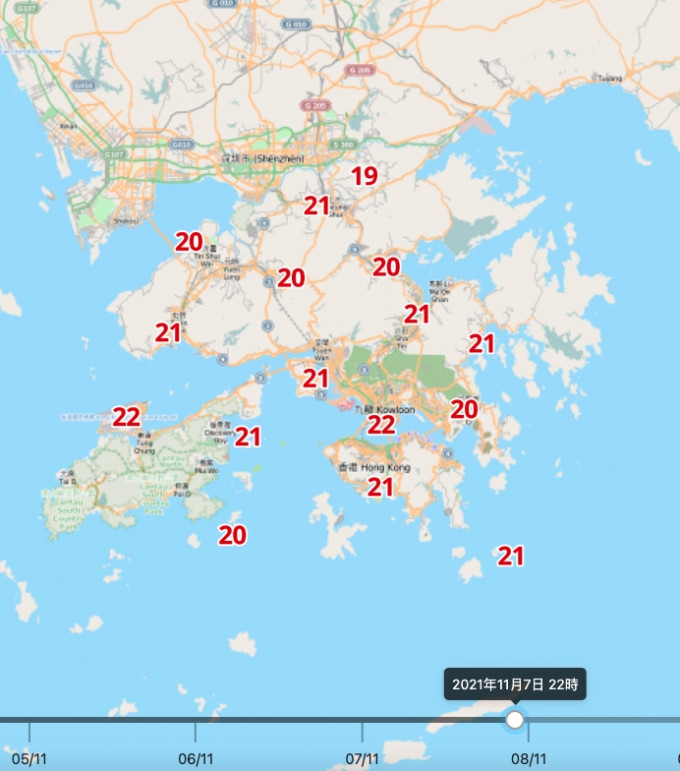 星期日晚上10時打鼓嶺氣溫急跌至19度。天文台