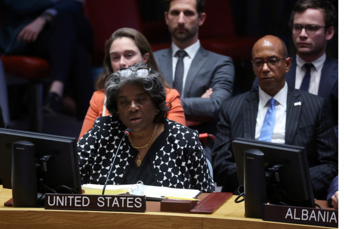 美國駐聯合國大使格林菲爾德1票否決以巴人道停火決議案，指決議案未提及以色列自衛權。路透社