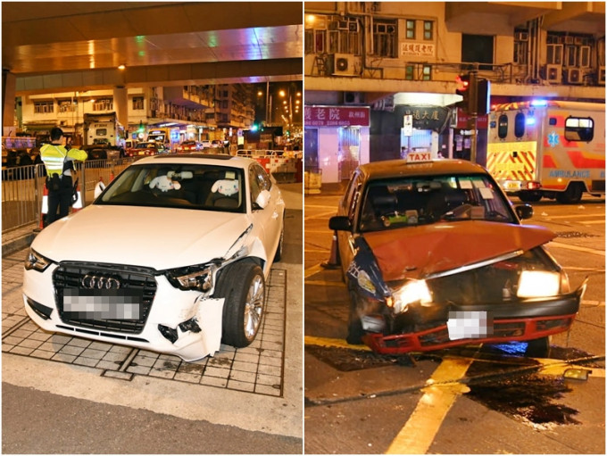 深水埗一輛奧迪私家車與的士相撞，兩車車頭損毀。