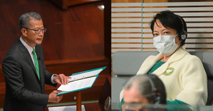 陳茂波 (左)的太太許步明(右)與兒子到立法會支持，二人身上貼上《預算案》宣傳貼紙。