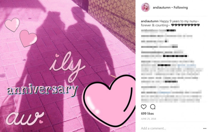 今年6月Andi曾在社交平台同男友慶祝9周年拍拖紀念日。（網圖）