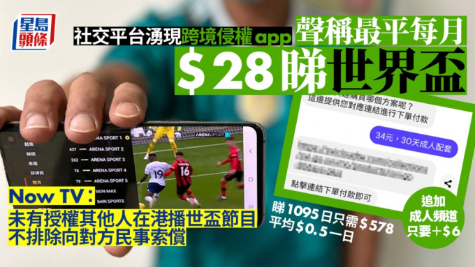 有电视APP声称支付28港元，便可收看为期1个月的世界杯球赛，平均每天代价不足1元。