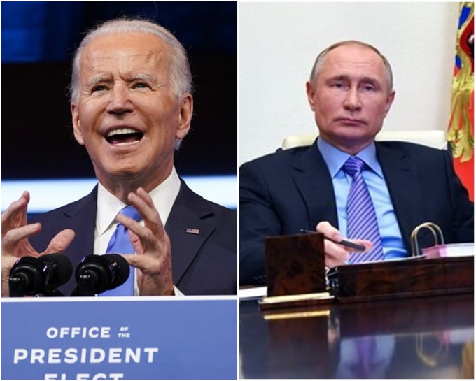 普京（右）正式祝贺拜登当选美国总统。AP图片