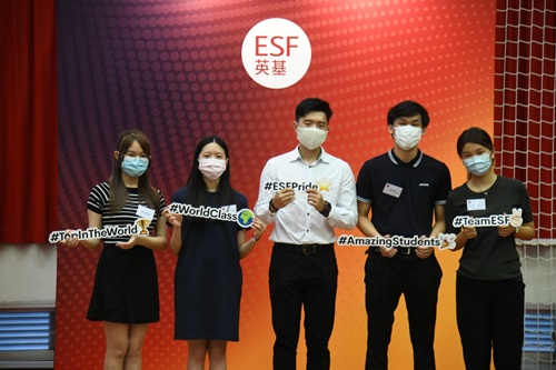 英基其中五位IB状元，左起为曾靖媛、袁彩明、George Su、马钧浩和 Jun Yeji Lim。