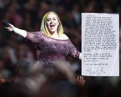 Adele手寫信說可能不再巡演了！