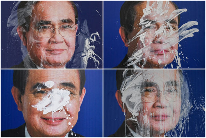 张贴在曼谷的泰国首巴育竞选海报，于4月14日泼水节期间遭人以颜料涂抹。路透