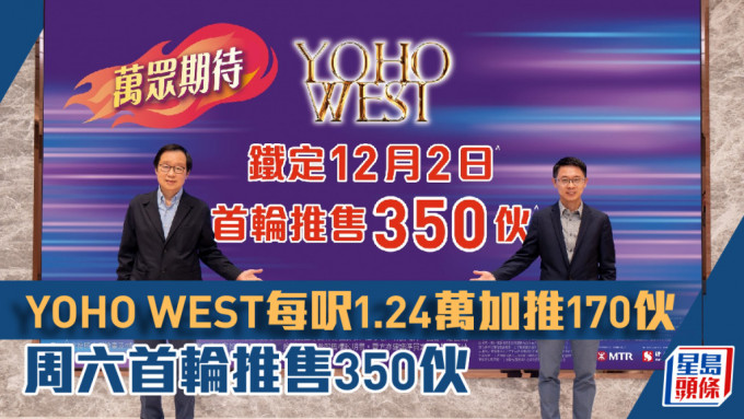 YOHO WEST每呎1.24萬加推170伙，周六首輪推售350伙。