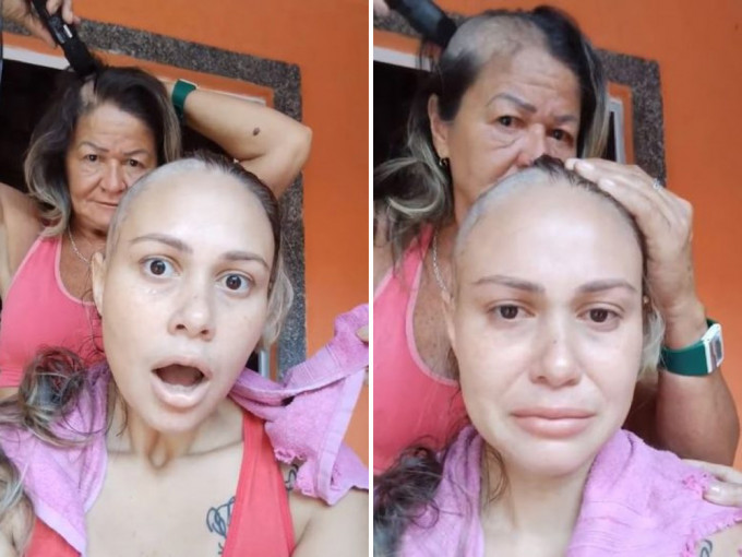患癌女化療甩髮剃光頭，巴西媽媽陪削髮與愛女相伴同行。（網圖）