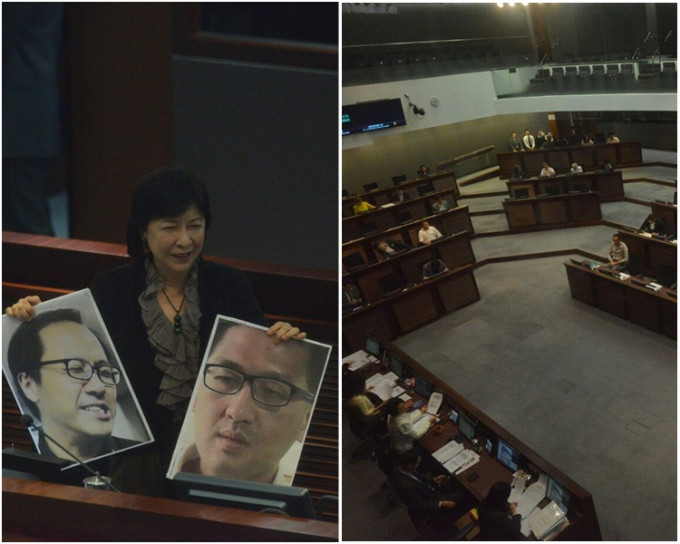 蔣麗芸談及補選專責委員會委員時，展示梁繼昌和林卓廷兩位議員的俏像，遭主席斥責。