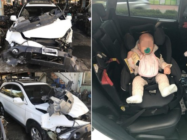 父母車禍同受傷，7個月女嬰靠安全座椅保命絲毫無損。 網上圖片