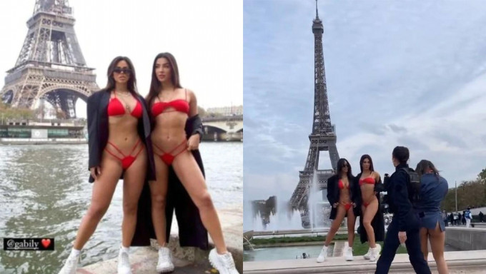 巴西两女网红穿比基尼在艾菲尔铁塔前拍摄惹议。