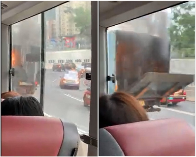貨車車斗突然冒煙起火。網民Sam Choi 香港交通突發報料區