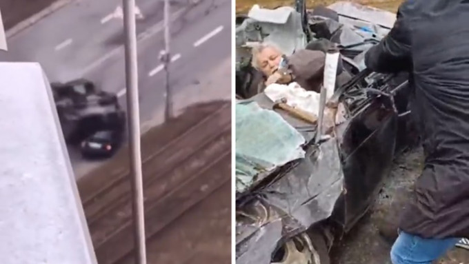 基輔疑有俄軍裝甲車蓄意輾毀平民汽車，司機獲民眾合力救出。網上影片截圖