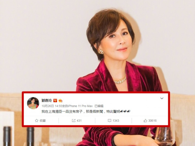 刘嘉玲发文澄清：我在上海汤臣一品没有房子。微博