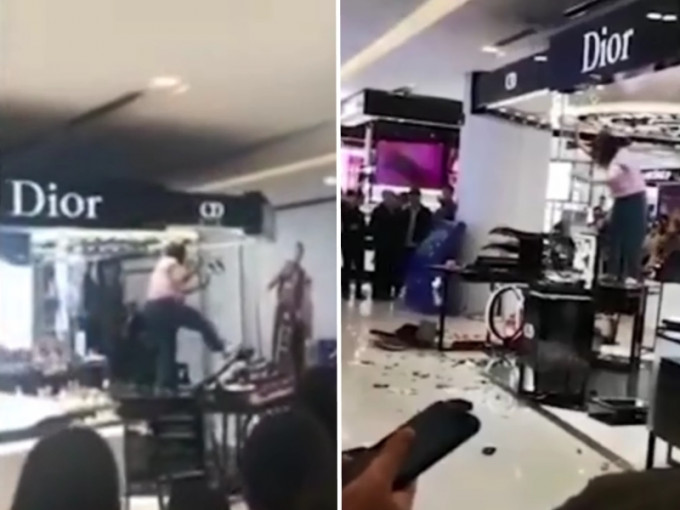 河北一名女子在商场的「Dior」化妆品专柜大肆破坏。　影片截图