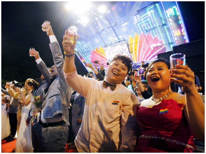 台灣近日有同志舉行結婚派對。AP