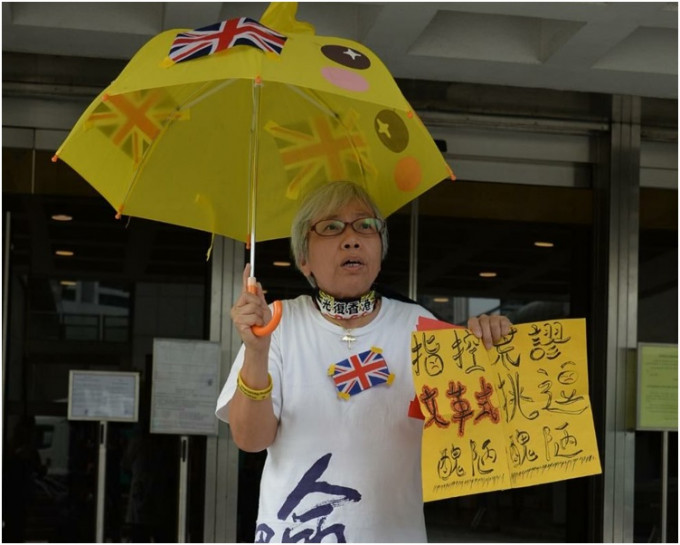 王鳳瑤在法院外示標語不滿。