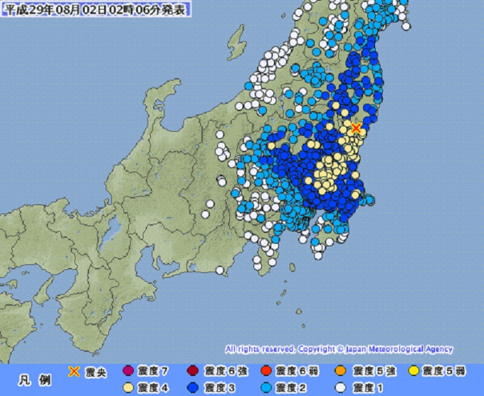 本州东部普遍感受到地震。JMA图片