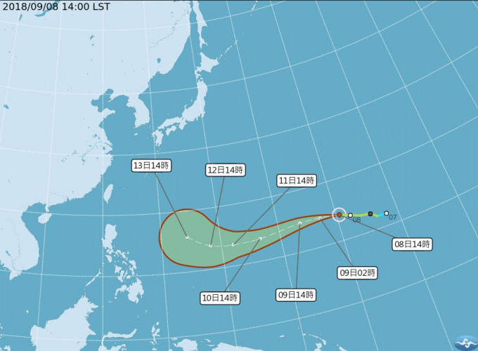 台灣的中央氣象局預測，山竹可能於下周六接近台灣附近海域。中央氣象局網頁截圖