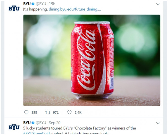 杨百翰大学周四在
 Twitter 贴了一张罐装可乐照片。
BYU twitter 图片