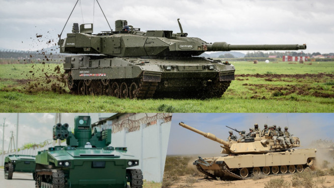 德国「豹2」坦克（上）、美国M1主战坦克（右下）、俄罗斯「马克」机械人。　网上图片