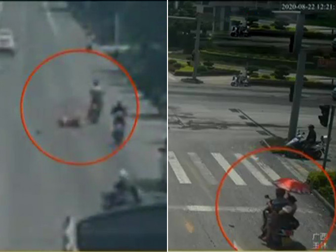 广西一名女子撑伞侧坐电单车，被风吹倒摔下身亡。(网图)