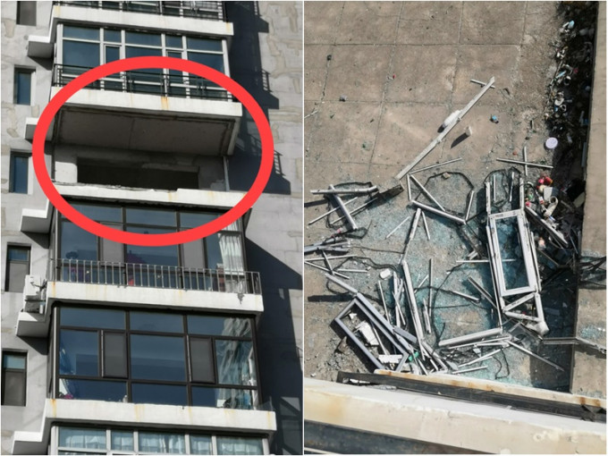 齊齊哈爾市一個住宅單位的露台不敵強風窗戶連圍欄倒塌。網上圖片