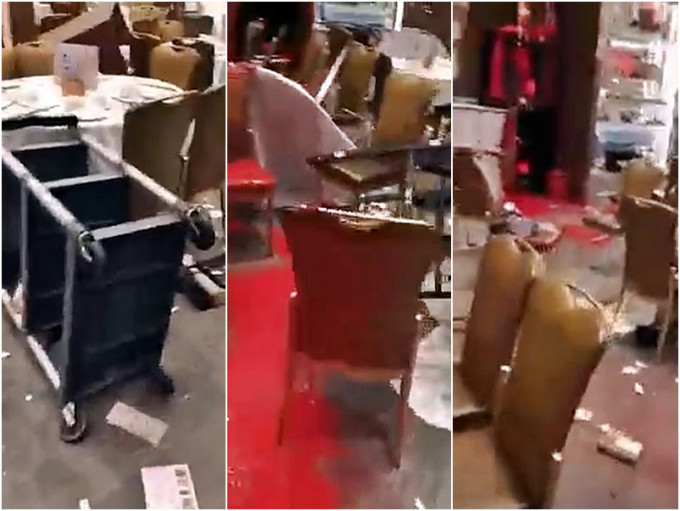 屯門嘉爵酒樓遭刑毀，店內一片凌亂。Kenneth Cheung Facebook截圖