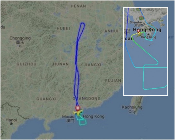 客机飞至武汉上空附近时，机师发现引擎火警钟响起。Flightradar24图片