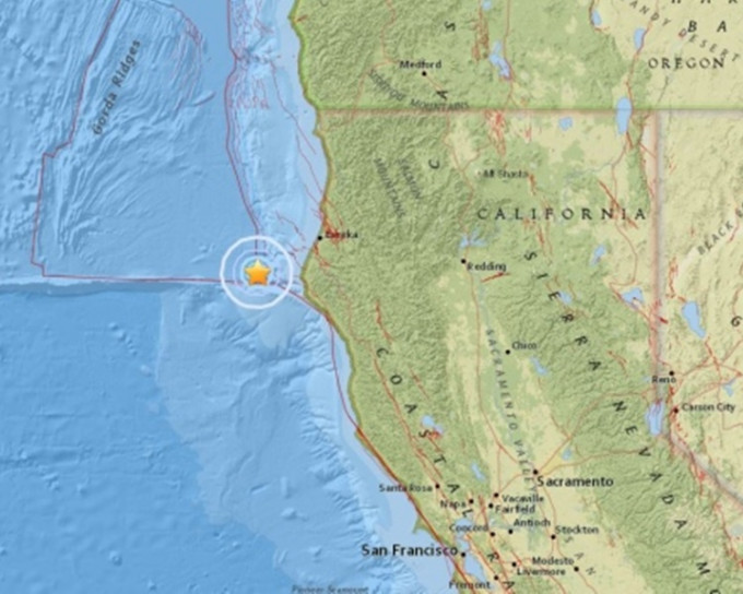 美国加州北部对开太平洋海域5.8级地震。图：USGS