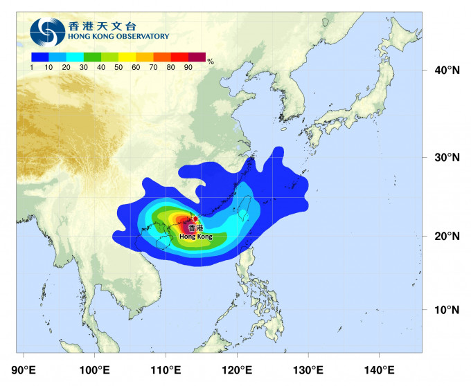 查帕卡有機會趨向台灣南部。熱帶氣旋路徑概率預報