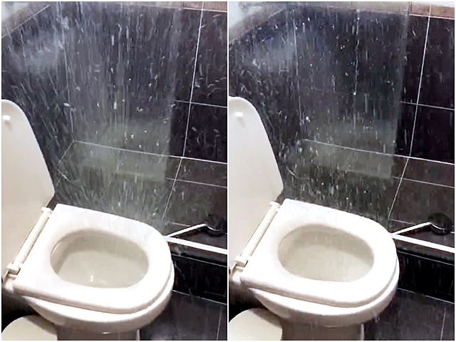 厕所马桶变「喷泉」。影片截图