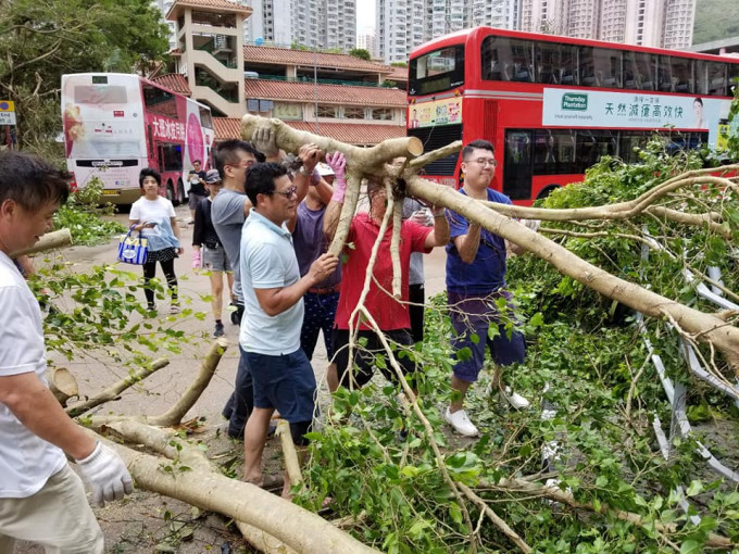 民建聯立法會議員劉國勳(藍衣)今早與一班熱心的義工市民，落區自發清理樹木。 劉國勳facebook