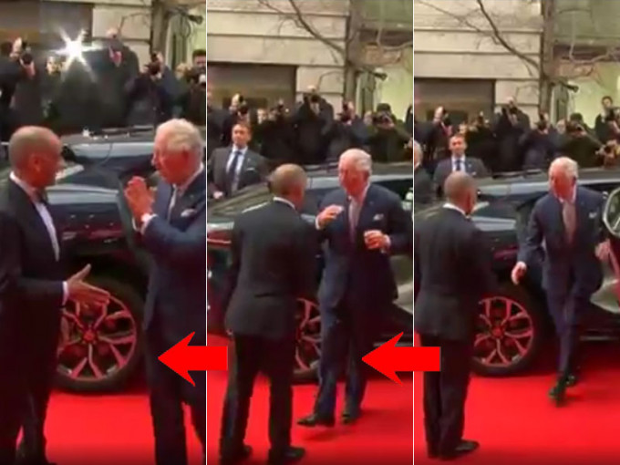 查理斯王子出活动时，下车即伸手向来宾握手，立即纠正自己，改为双手合掌向对方示好。(网图)