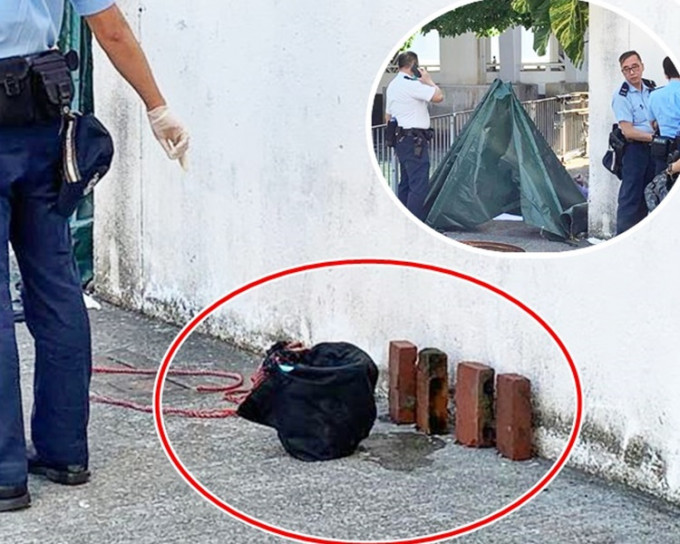 消息指，事主身上綁有一個黑色環保袋，內裏載有一個放有4塊磚頭的膠籃（紅圈示）。小圖為死者遺體。
