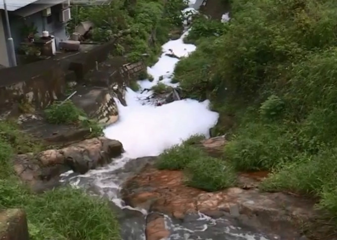 西贡白石窝村河流惊现泡沫。有綫电视截图