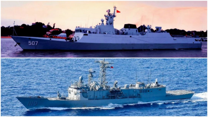 大陆「铜仁舰」(上)和台湾「田单号」军舰近日相遇。